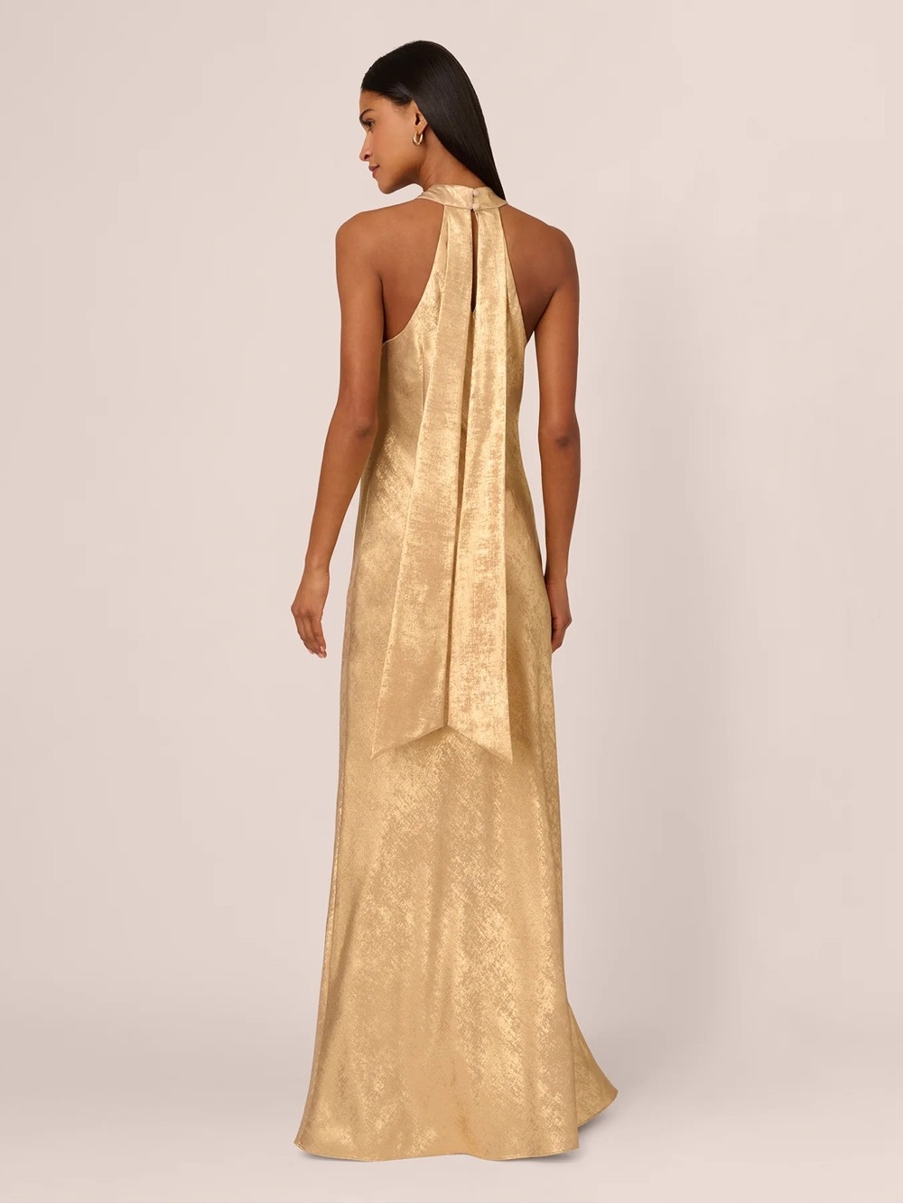 Adrianna Papell Foiled Mermaid Gown With Halter Neckline In Light Gold - Picture 4 of 8